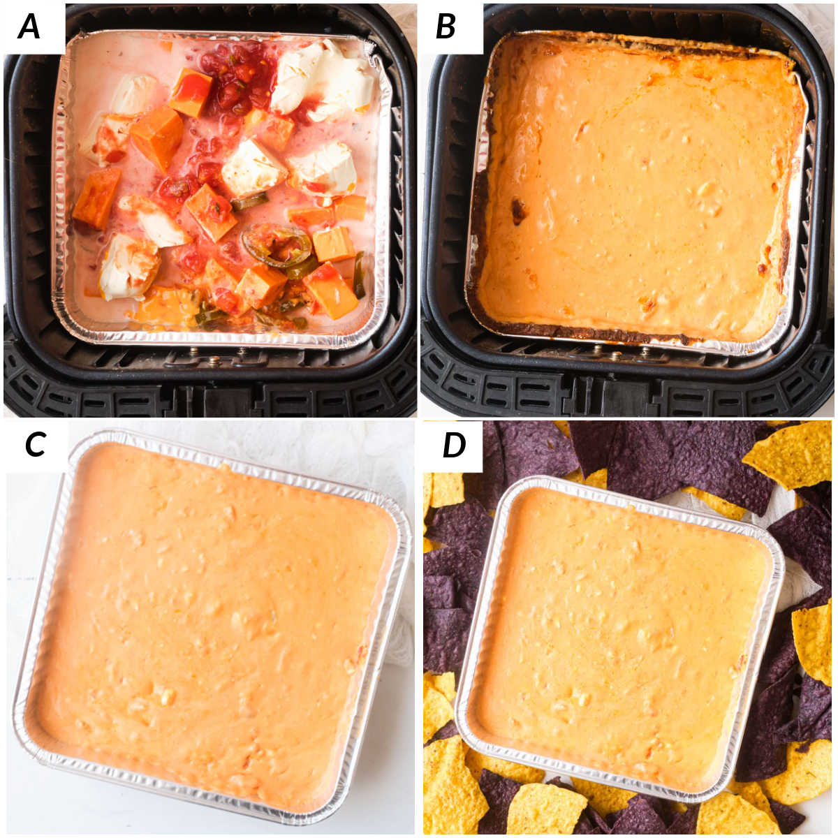 image collage showing the steps for making air fryer mexican cheese dip