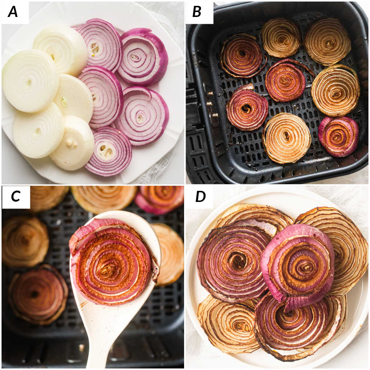 image collage showing the steps for making air fryer onions