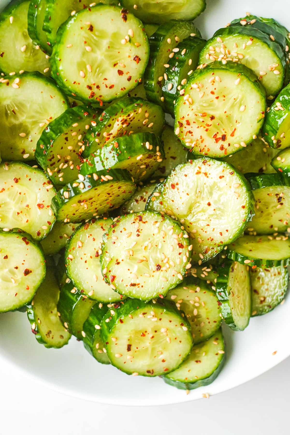 close up view of the completed asian cucumber salad recipe