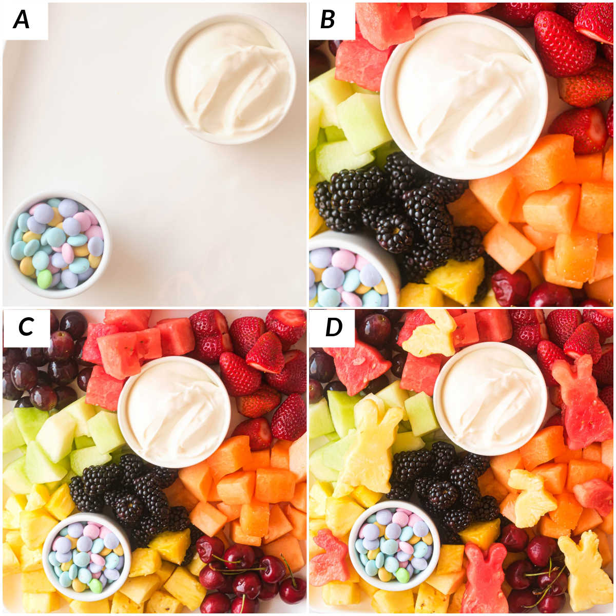 image collage showing the steps for making an easter fruit tray