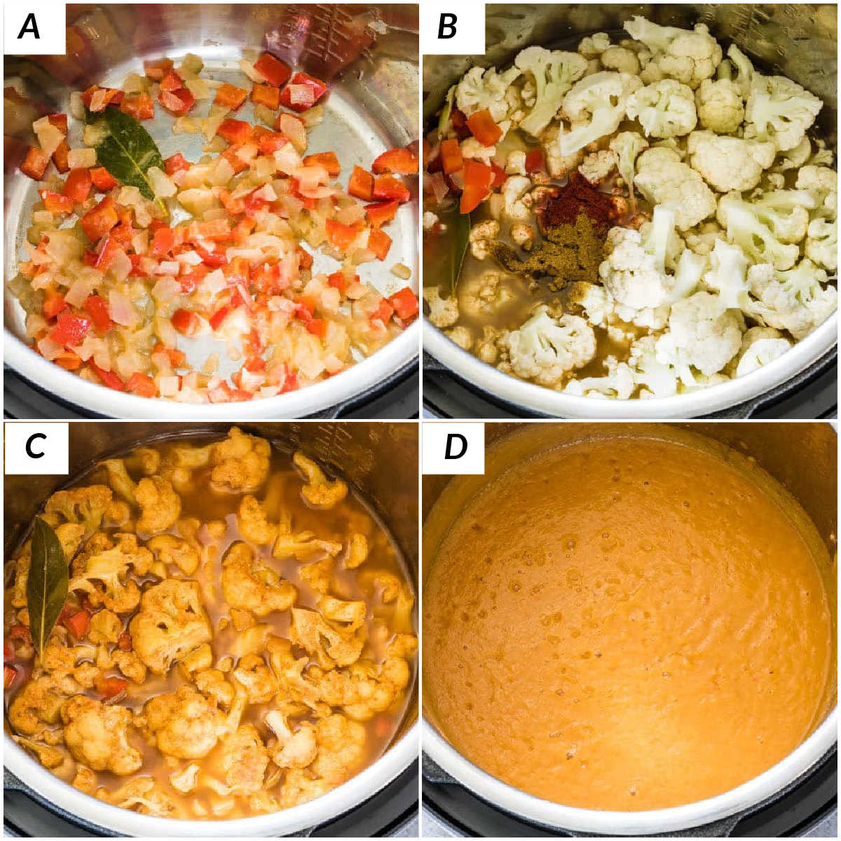 image collage showing the steps for making instant pot cauliflower soup
