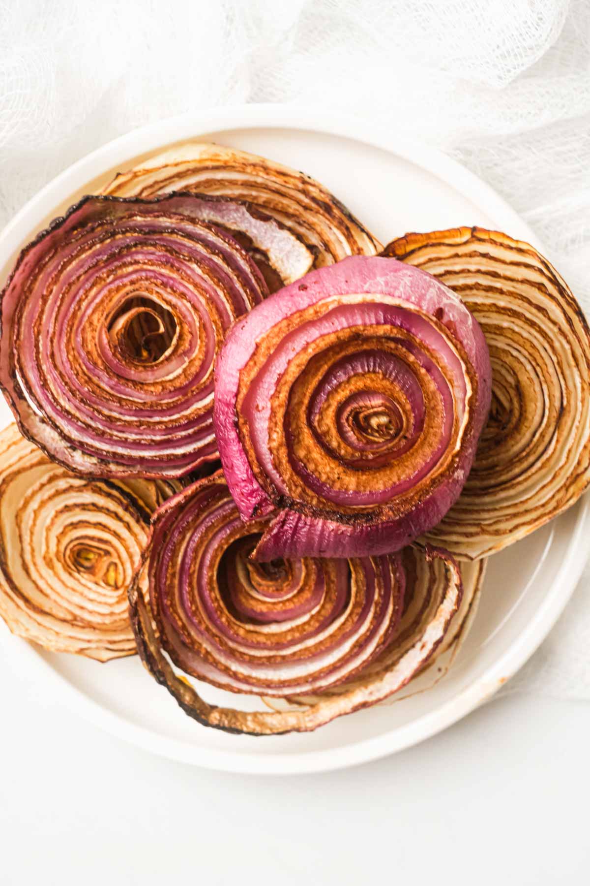 top down view of a plate of finished air fryer onions