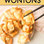 WONTONS ON A PLATE WITH ONE BEING PICKED UP BY CHOPSTICKS