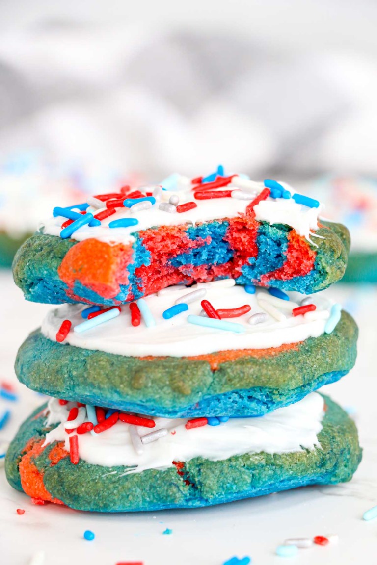 three air fryer 4th of July cookies stacked vertically