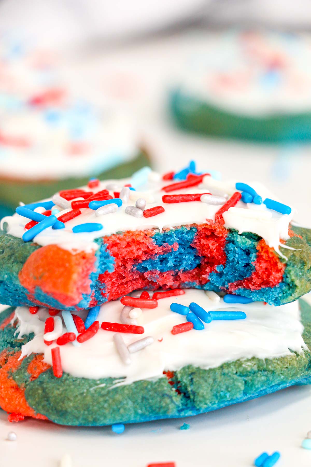 two air fryer 4th of july cookies stacked on top of each other