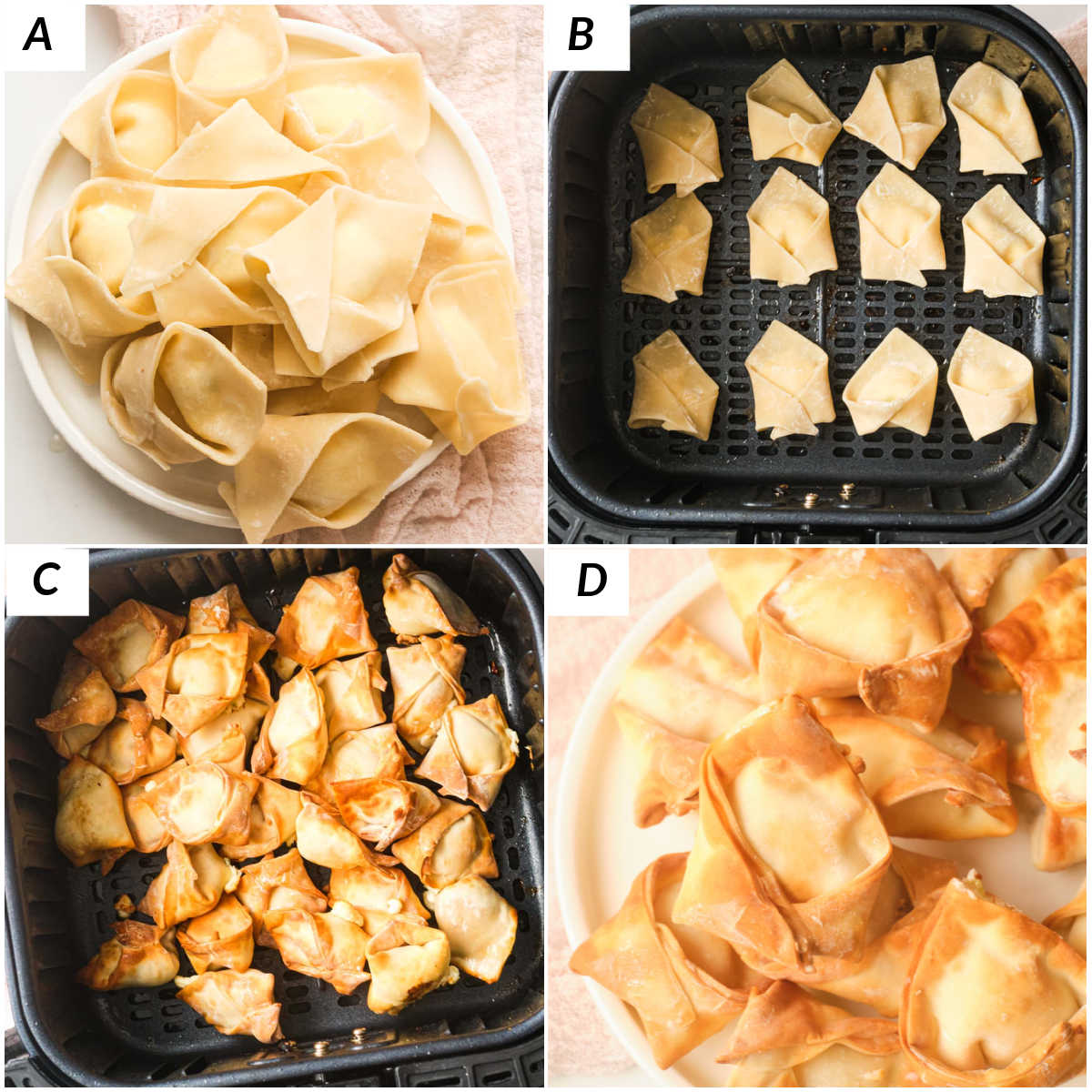 image collage showing the steps for making air fryer wontons