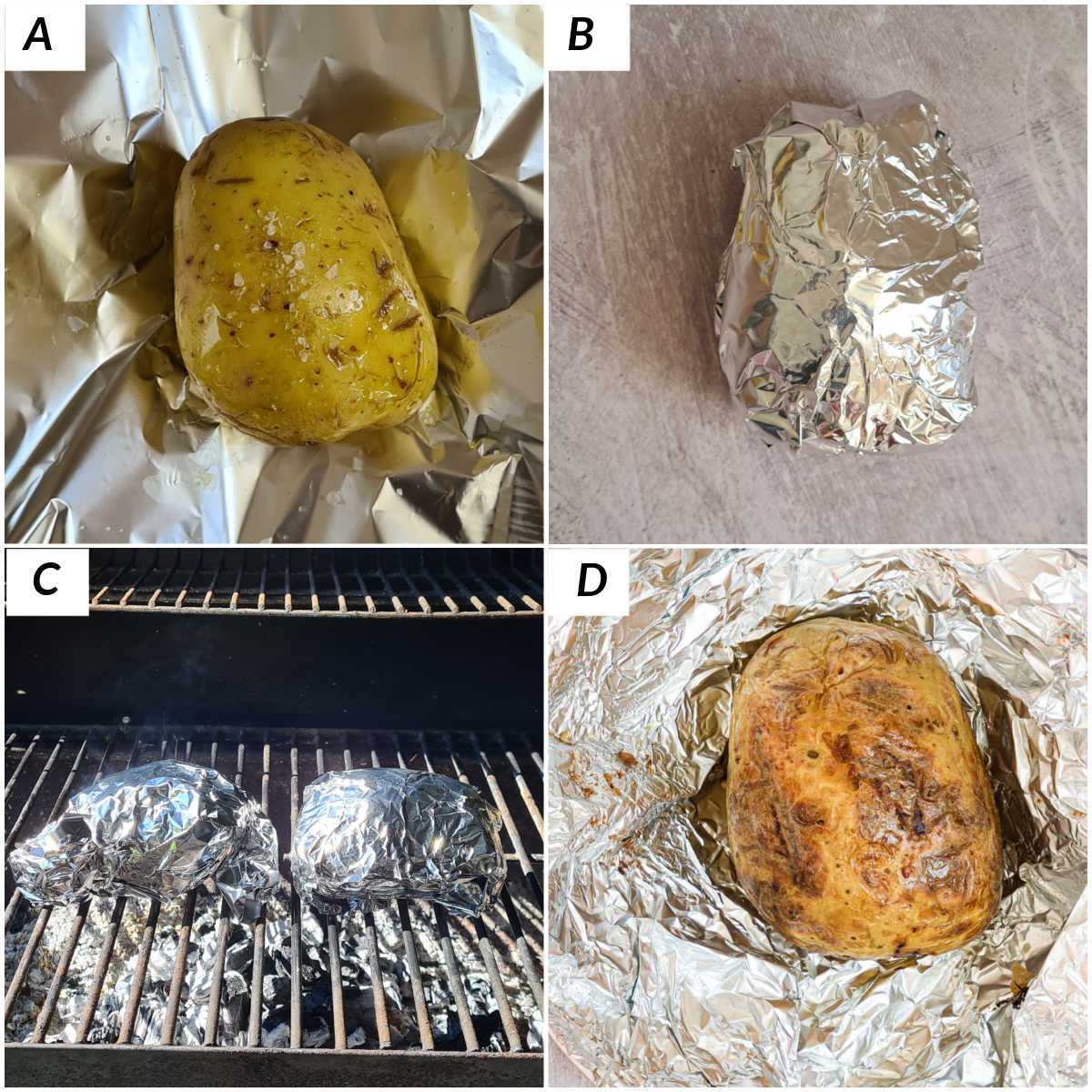 image collage showing some of the steps for making baked potato on the grill