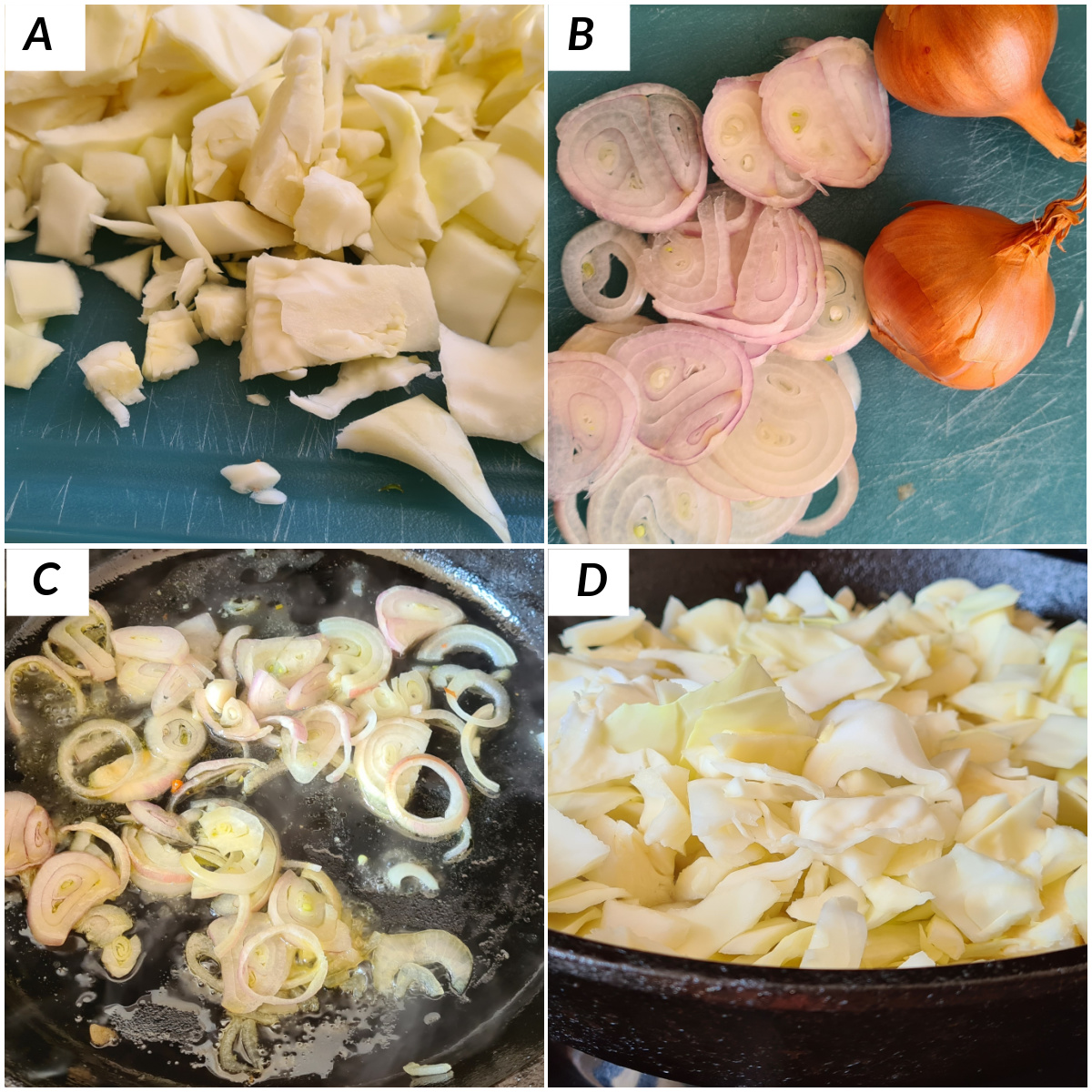image collage showing the steps for making smothered cabbage