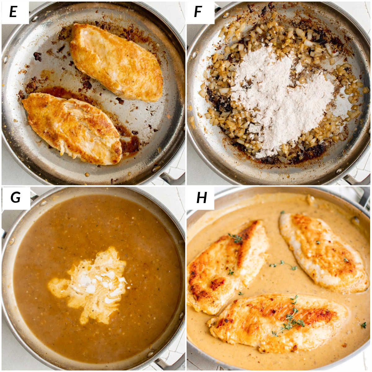 image collage showing some of the final steps for making smothered chicken