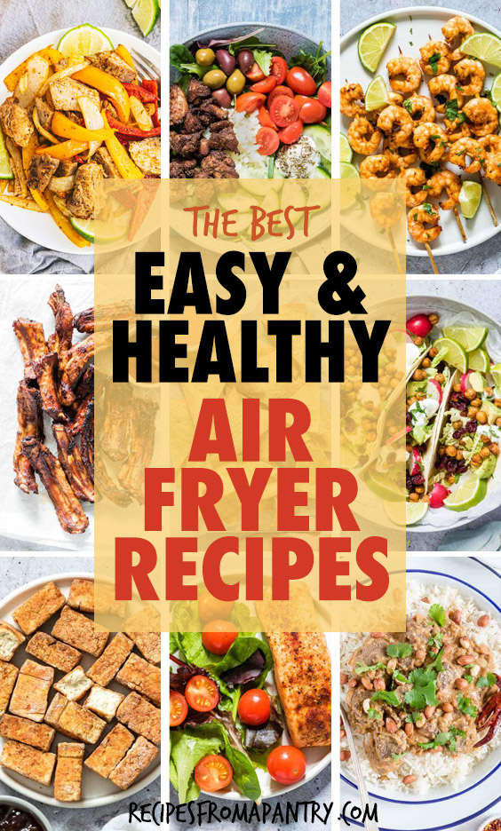 A collage of images of healthy air fryer dishes