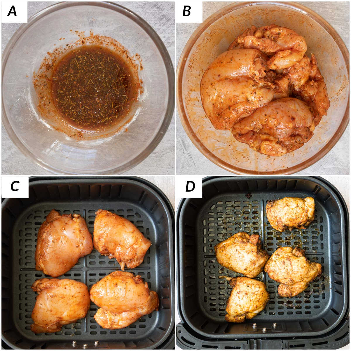 image collage showing the steps for making air fryer boneless chicken thighs