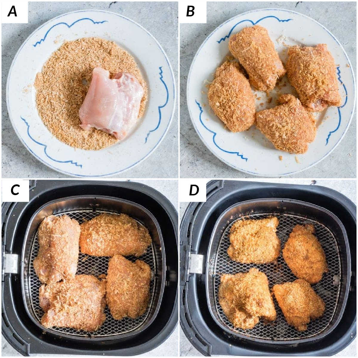 image collage showing the steps for making air fryer fried chicken thighs