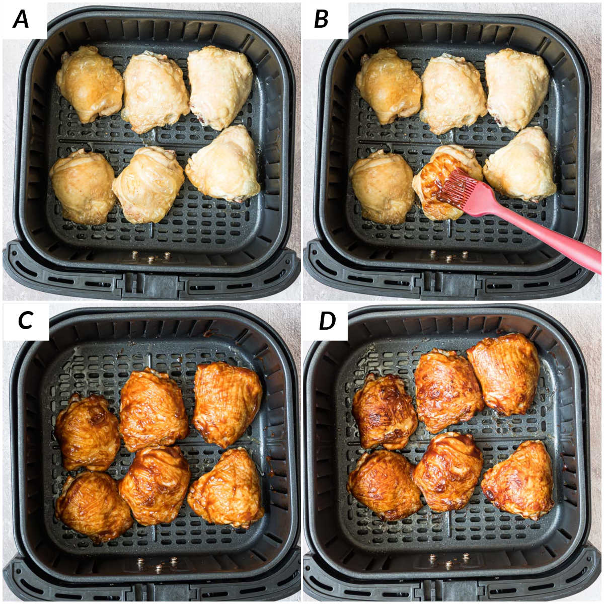 image collage showing steps for making frozen chicken thighs in air fryer