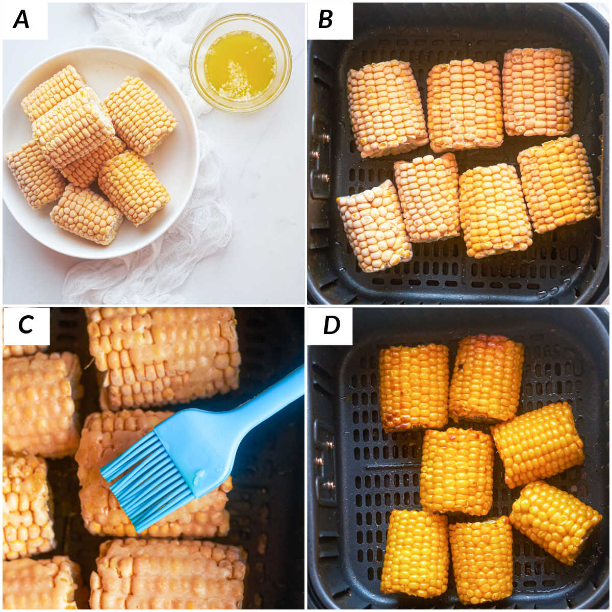 image collage showing the steps for making frozen corn on the cob in air fryer