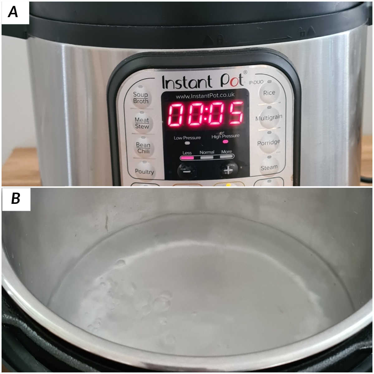 image collage showing the steps for how to boil water in instant pot using high pressure