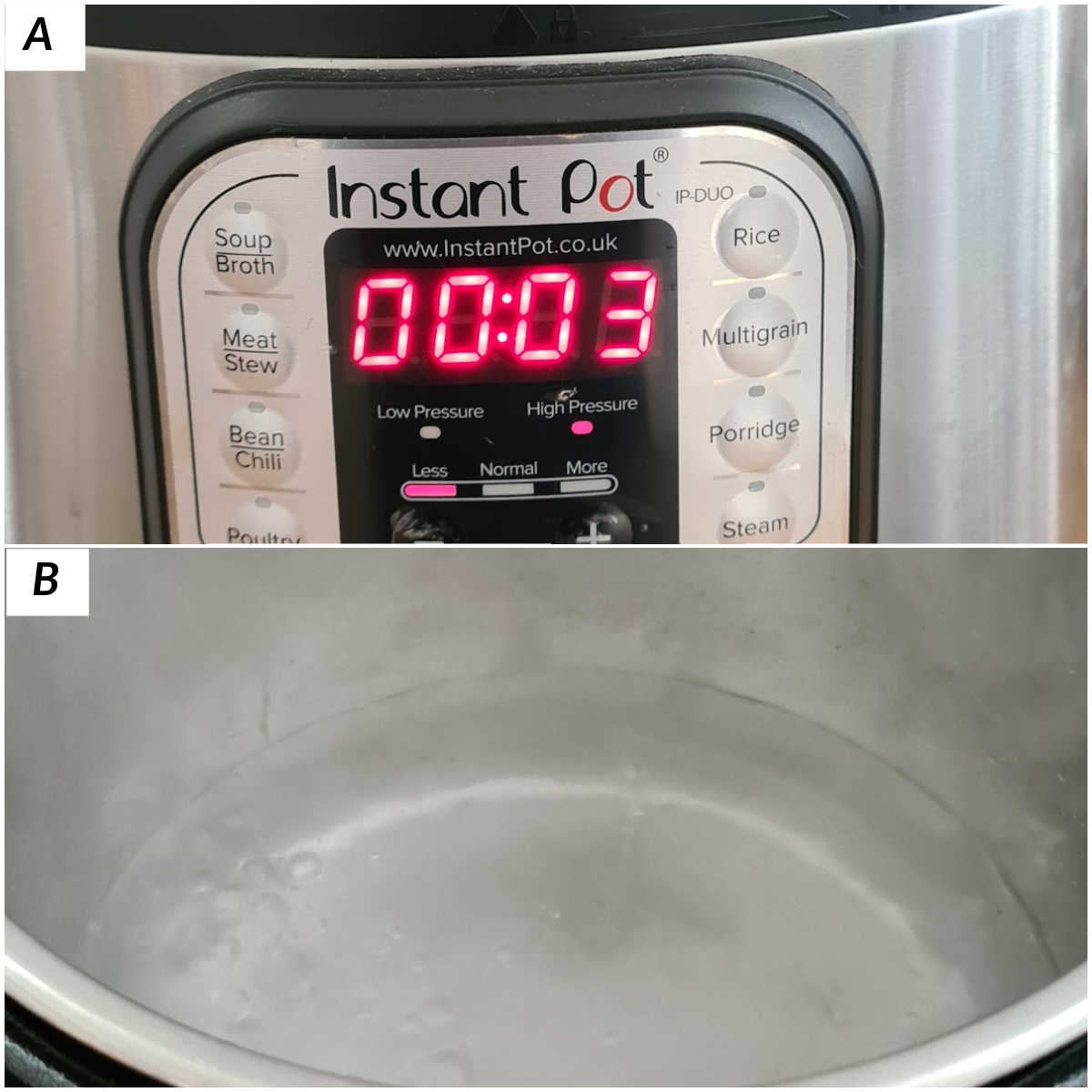 image collage showing the steps for how to boil water in instant pot using saute mode