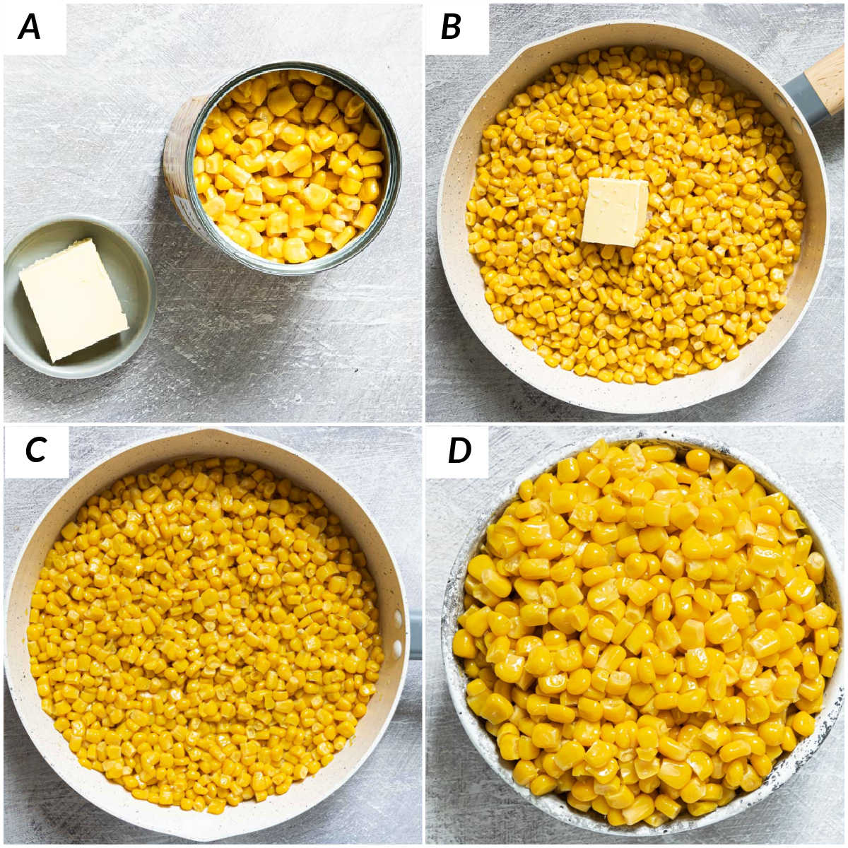 image collage showing the steps for how to cook canned corn