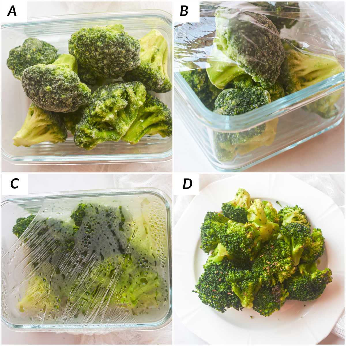image collage showing the steps for how to cook frozen broccoli in microwave
