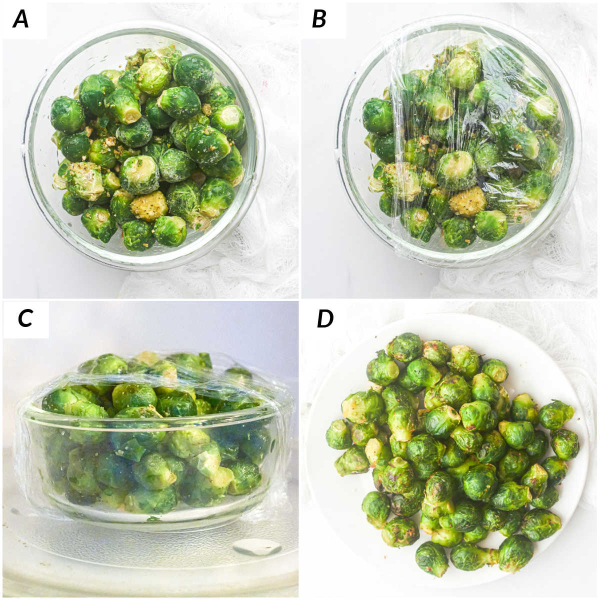 image collage showing the steps for how to cook frozen brussel sprouts in microwave