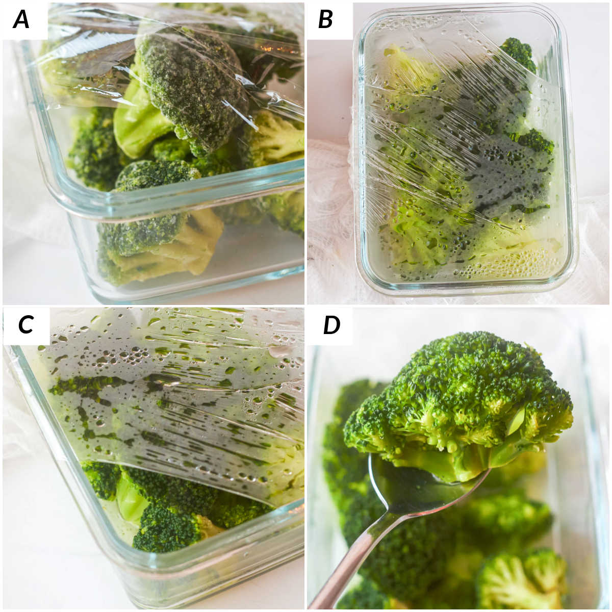 image collage showing the steps or how to steam broccoli in microwave