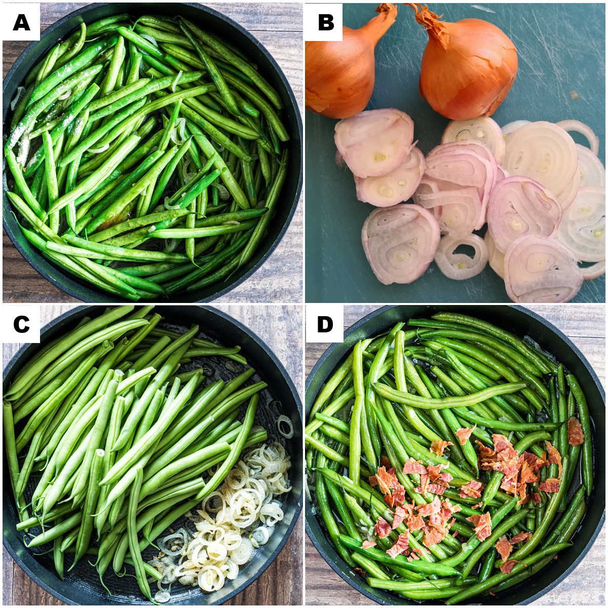 image collage showing the steps for making smothered green beans