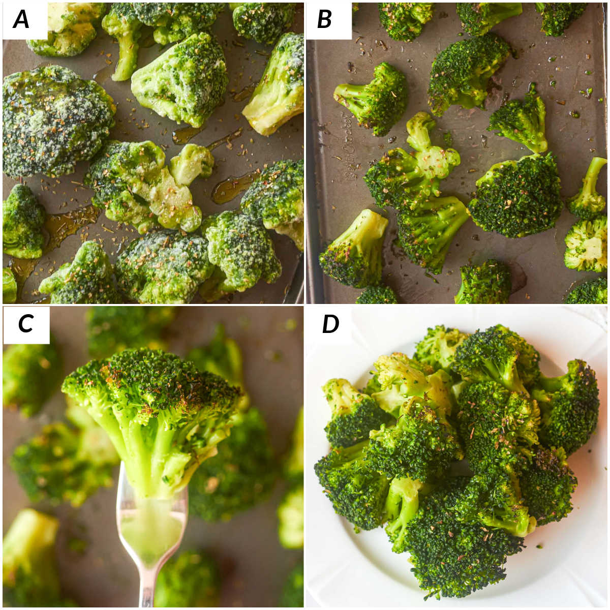image collage showing the steps for making roasted frozen broccoli
