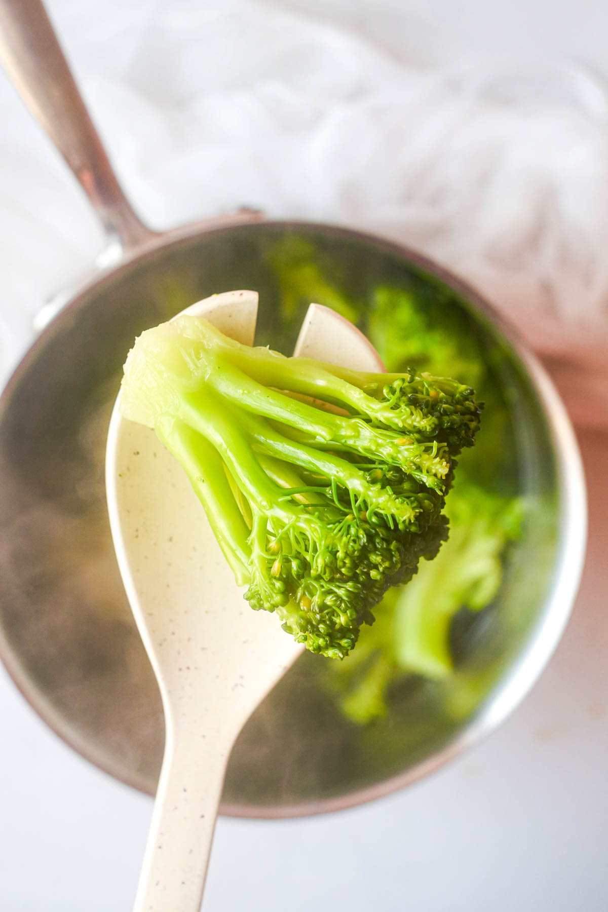 close up view of one piece of boiled broccoli on a serving spoon