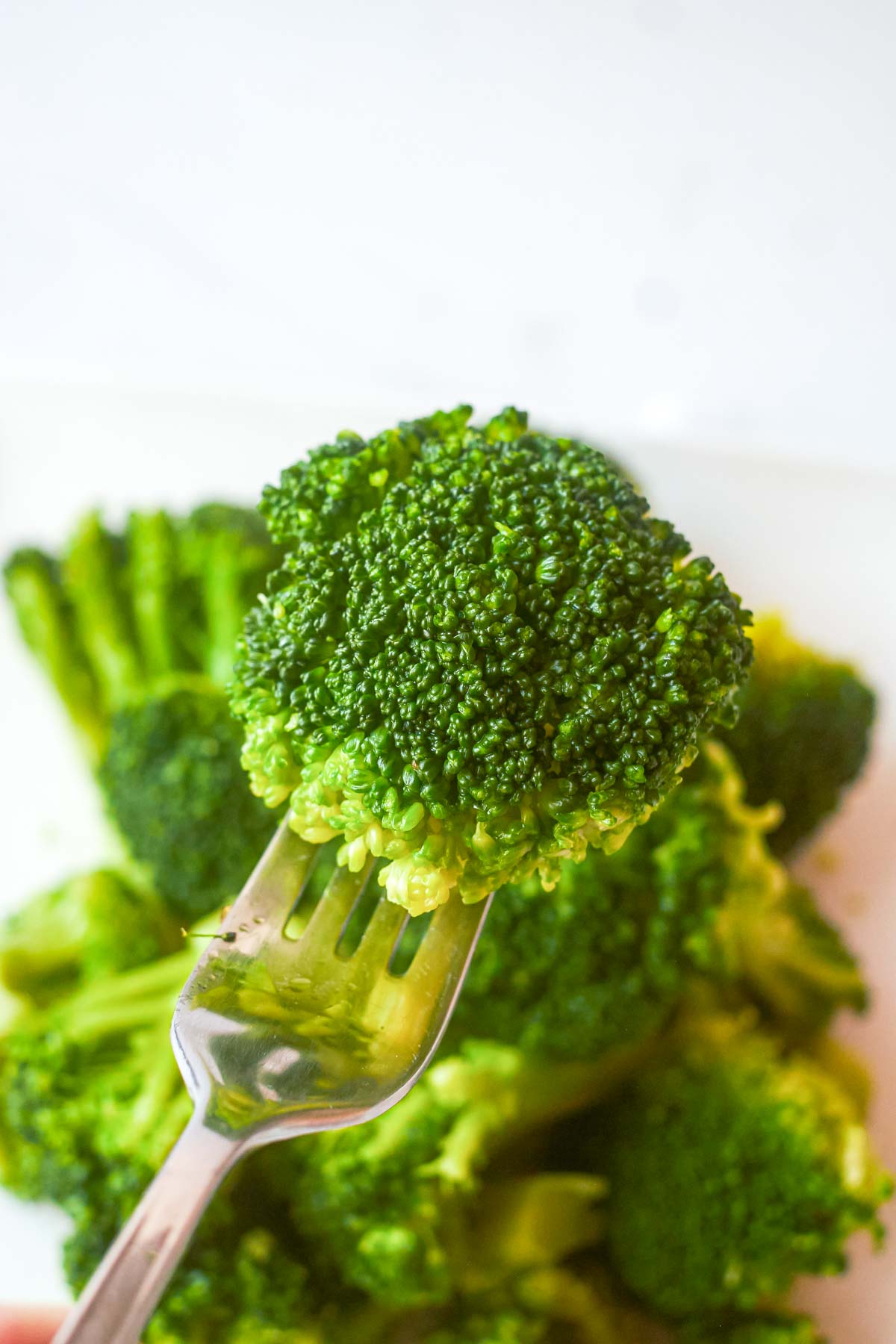 a fork holding one boiled broccoli floret