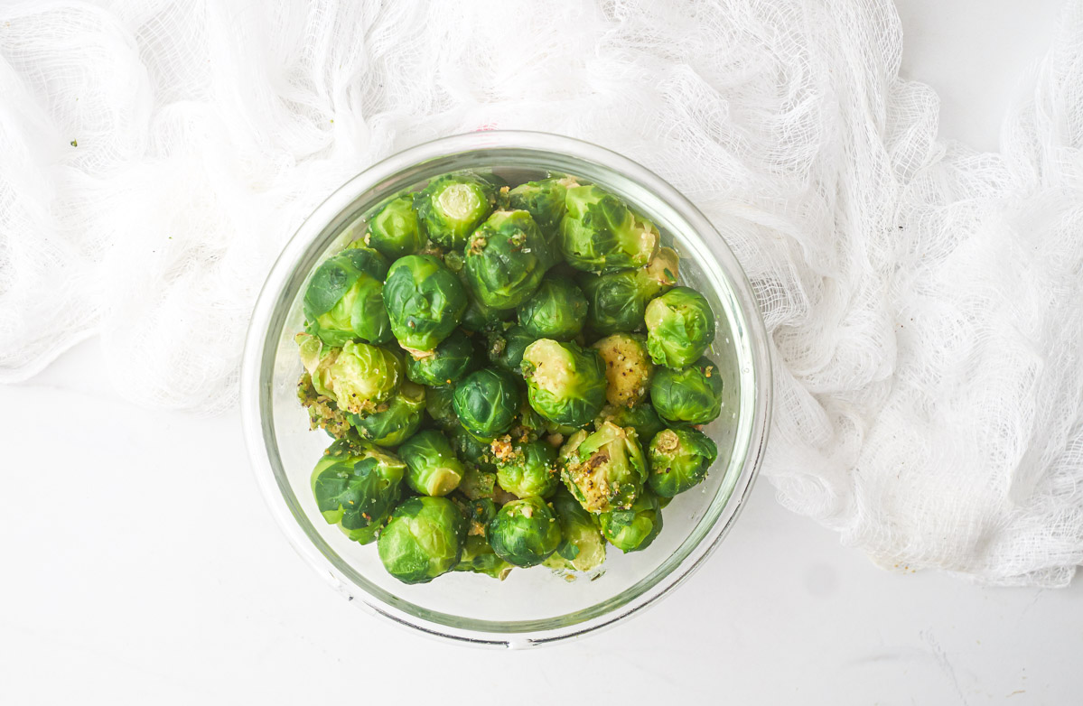 top down view of frozen brussel sprouts in a bowl