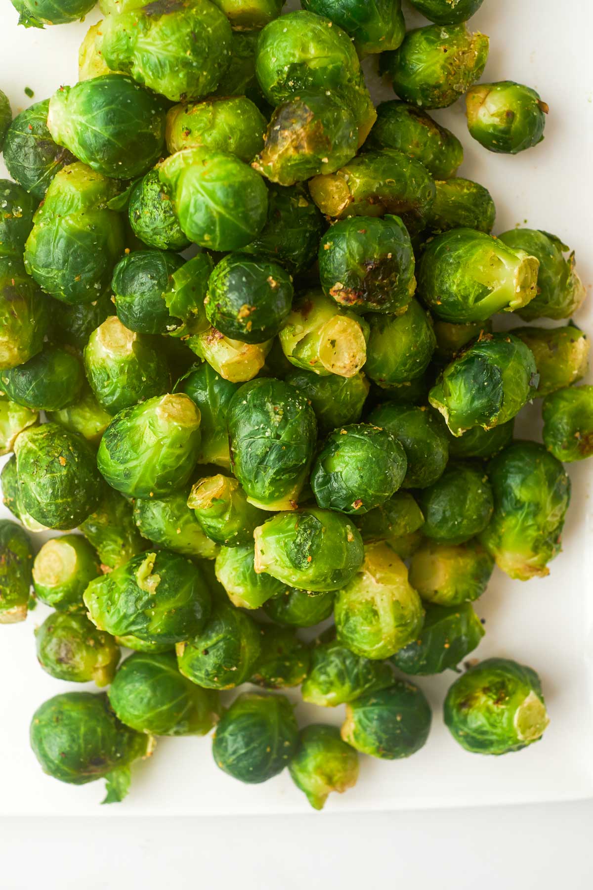 close up view of the finished roasted frozen brussel sprout recipe