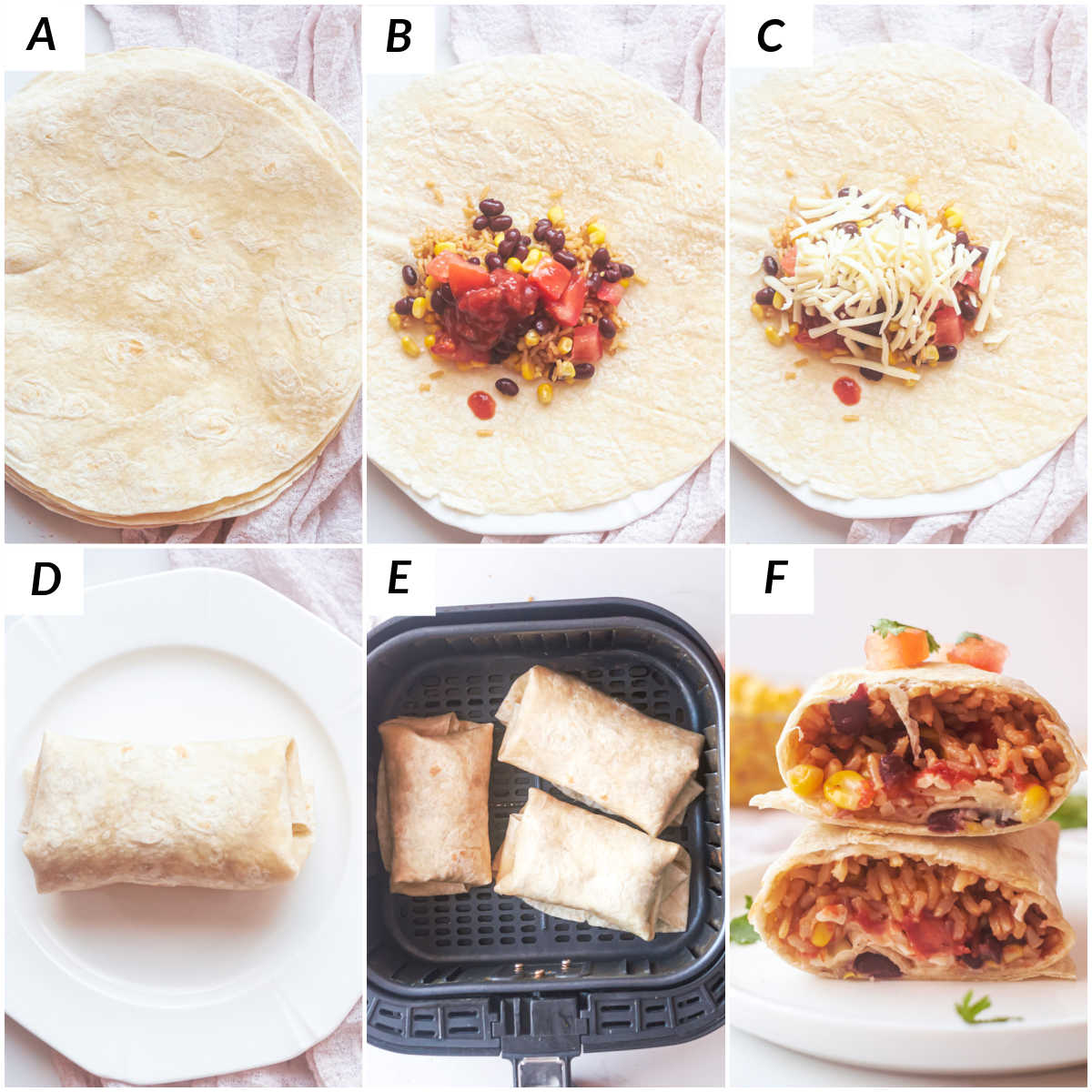 image collage showing the steps for making air fryer burrito