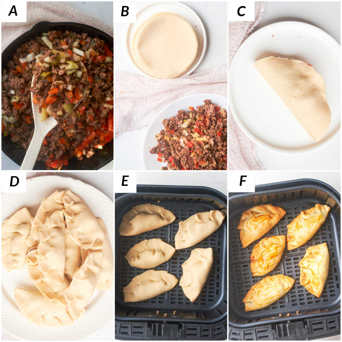 image collage showing some of the steps for making air fryer empanadas