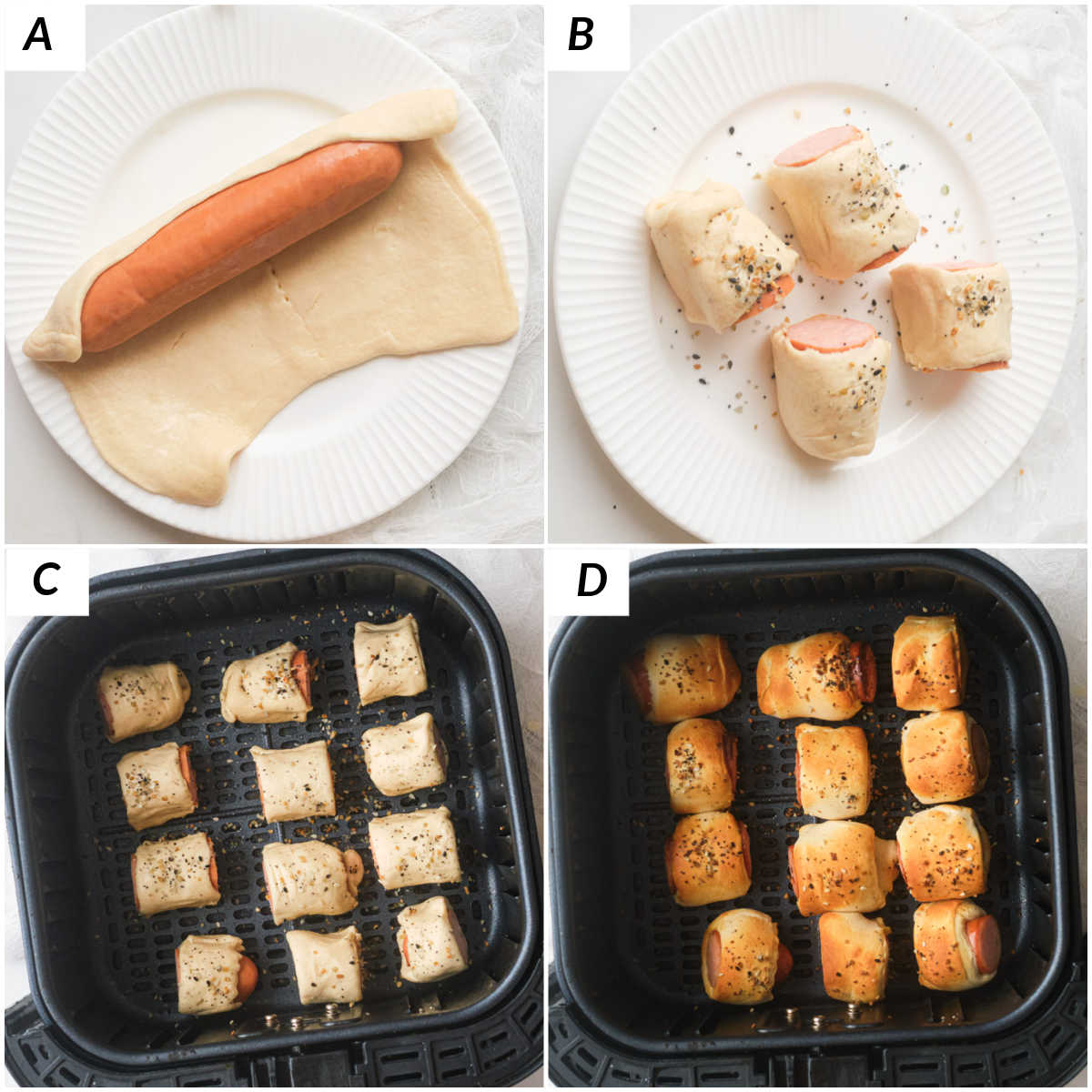 image collage showing the steps for making air fryer sausage rolls