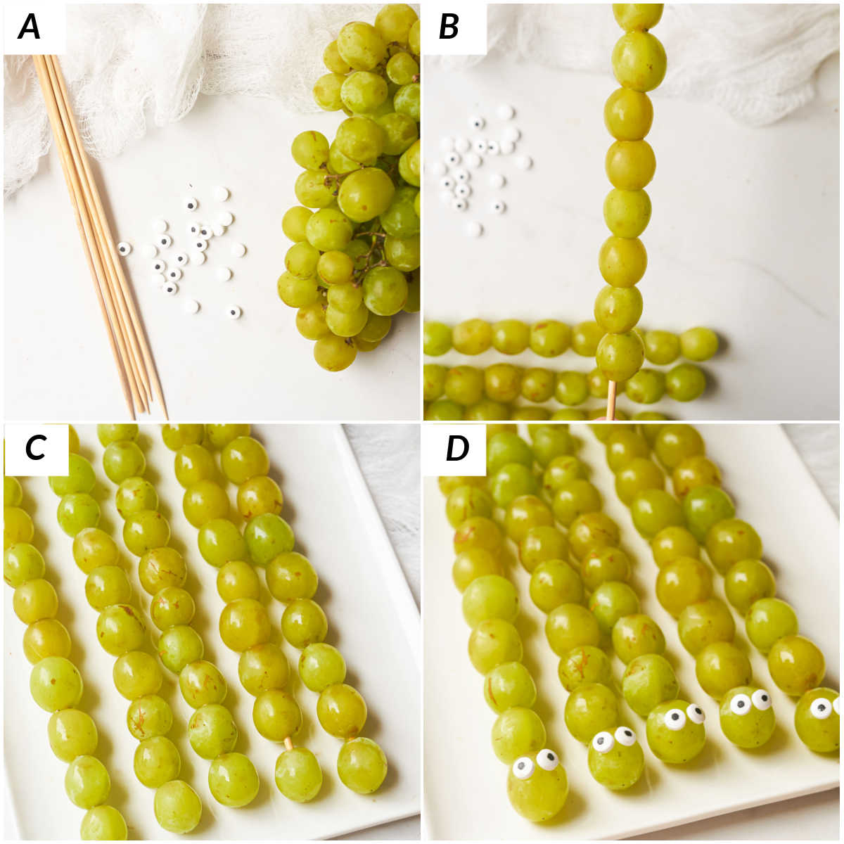 image collage showing the steps for making grape caterpillar skewers