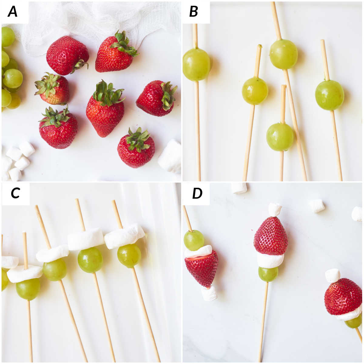 image collage showing the steps for making grinch kabobs