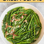 Overhead view of green beans in a frying pan