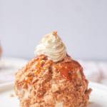 air fryer fried ice cream topped with caramel and whipped cream