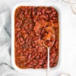 top down view of the completed instant pot baked beans recipe