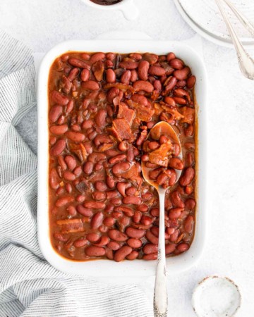 top down view of the completed instant pot baked beans recipe