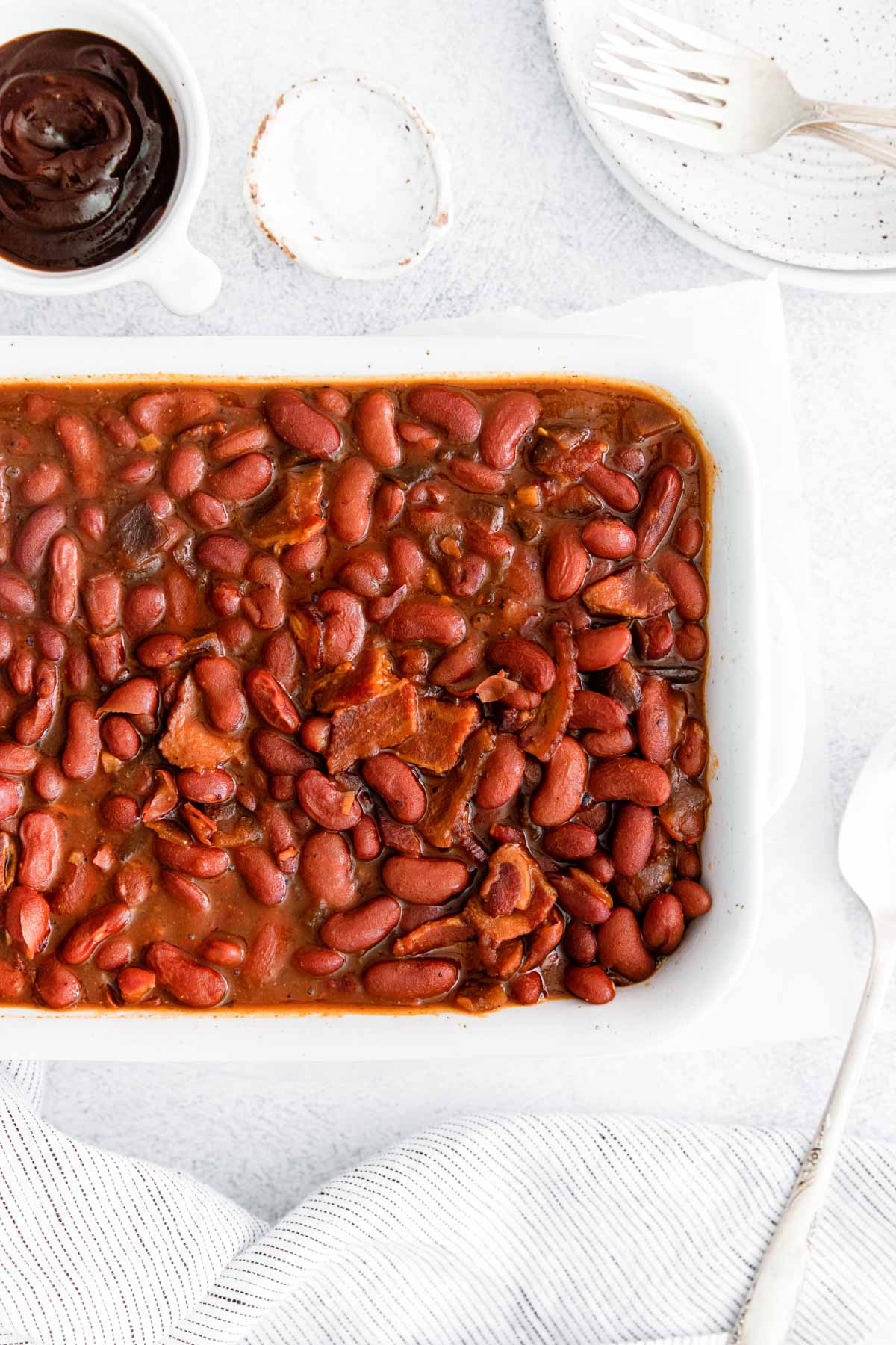 the completed instant pot baked beans recipe on a table