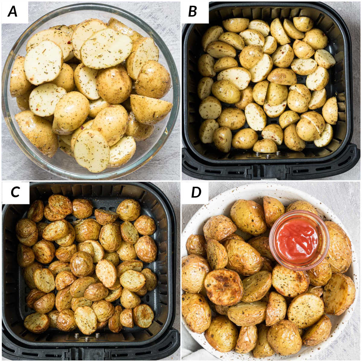 image collage showing the steps for making air fryer baby potatoes