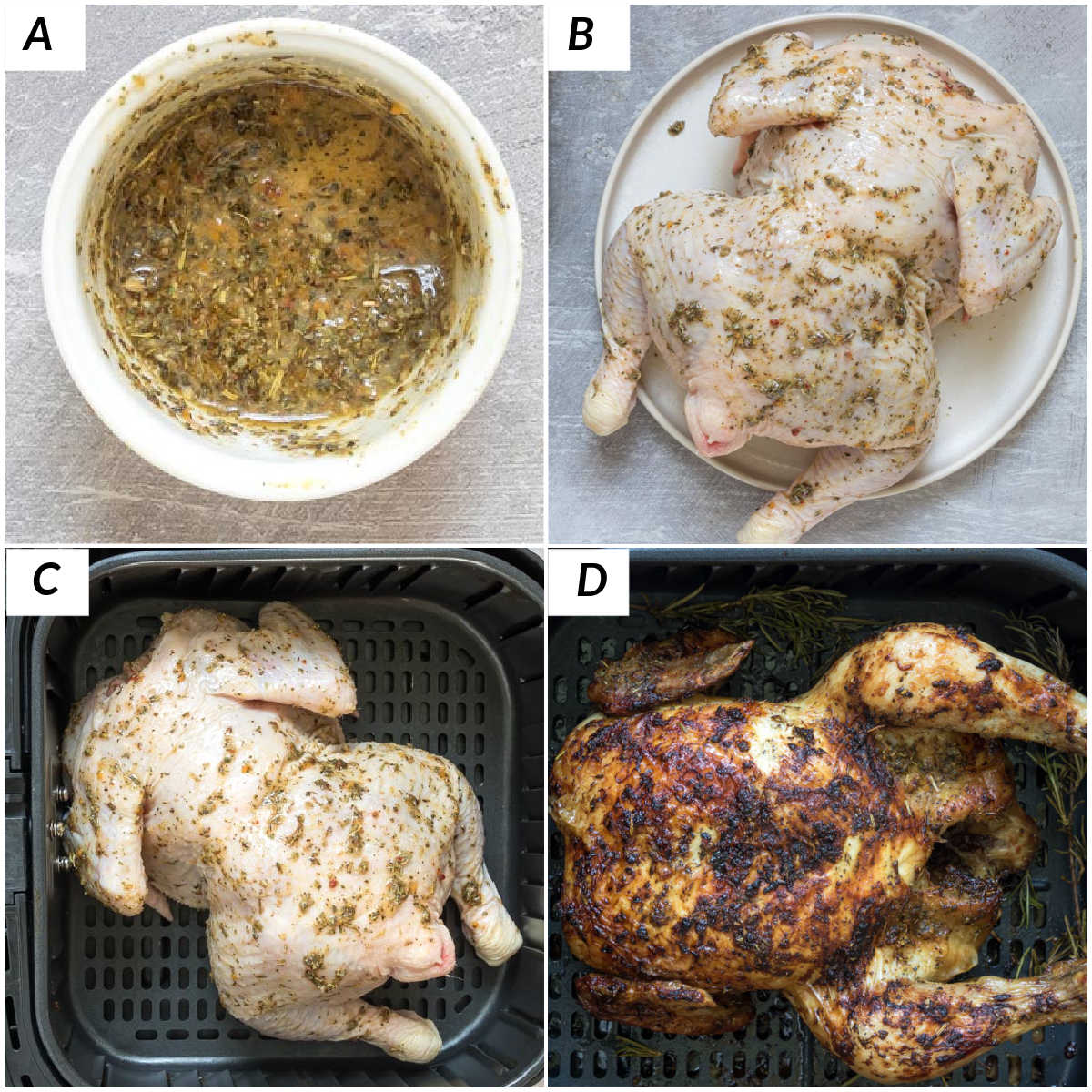 image collage showing some of the steps for making christmas chicken