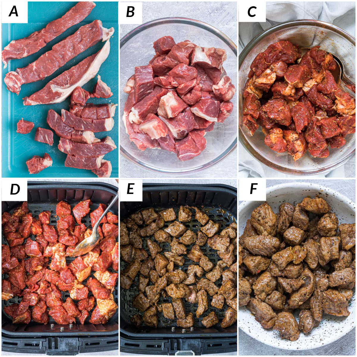 image collage showing the steps for making air fryer steak bites
