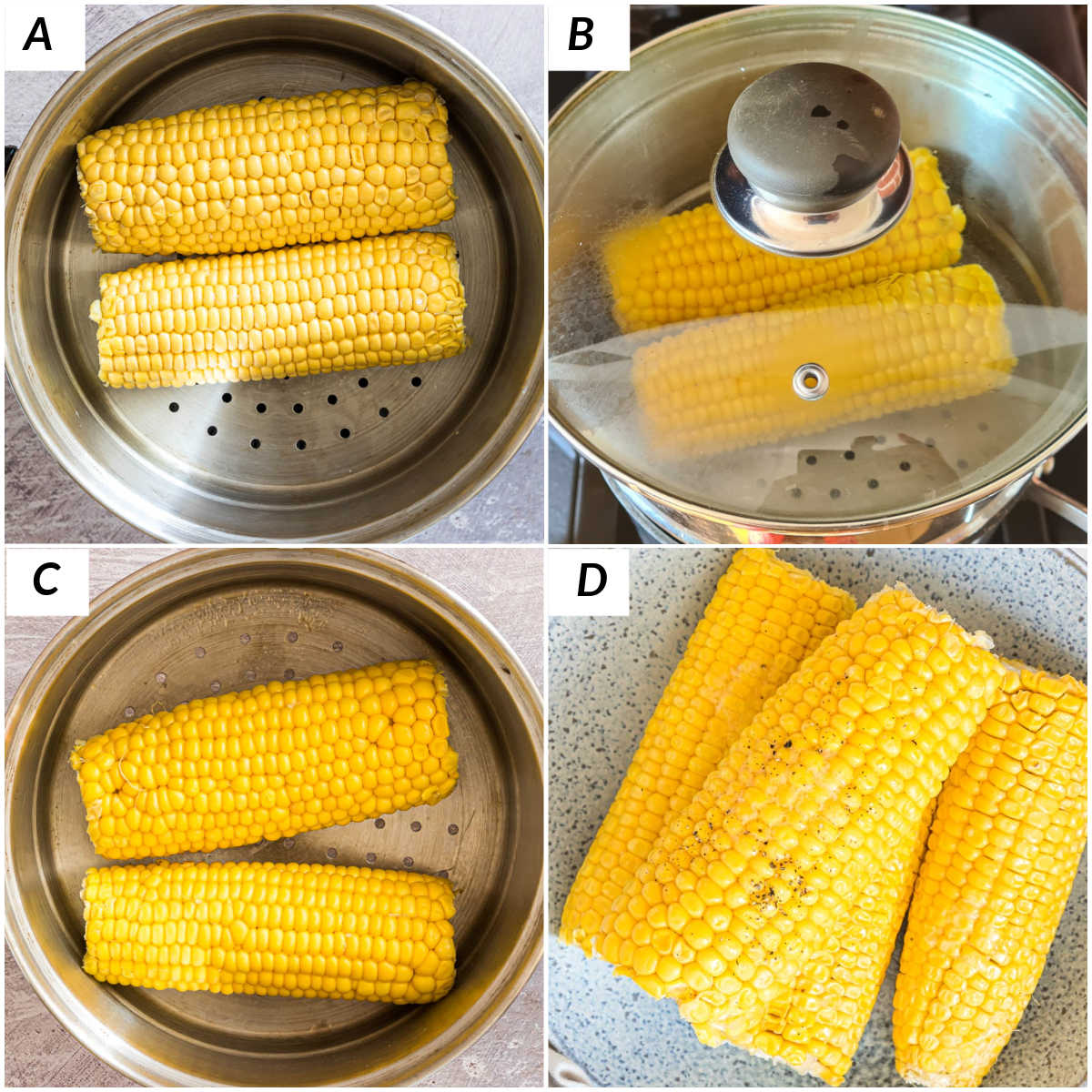 image collage showing the steps for making boiled corn on the cob