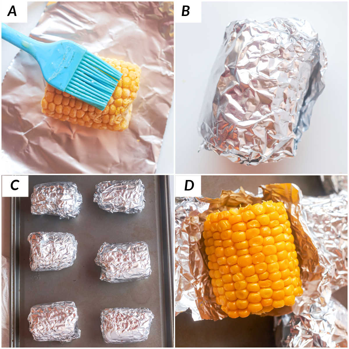 Image collage showing the steps to make corn on the cob of the oven