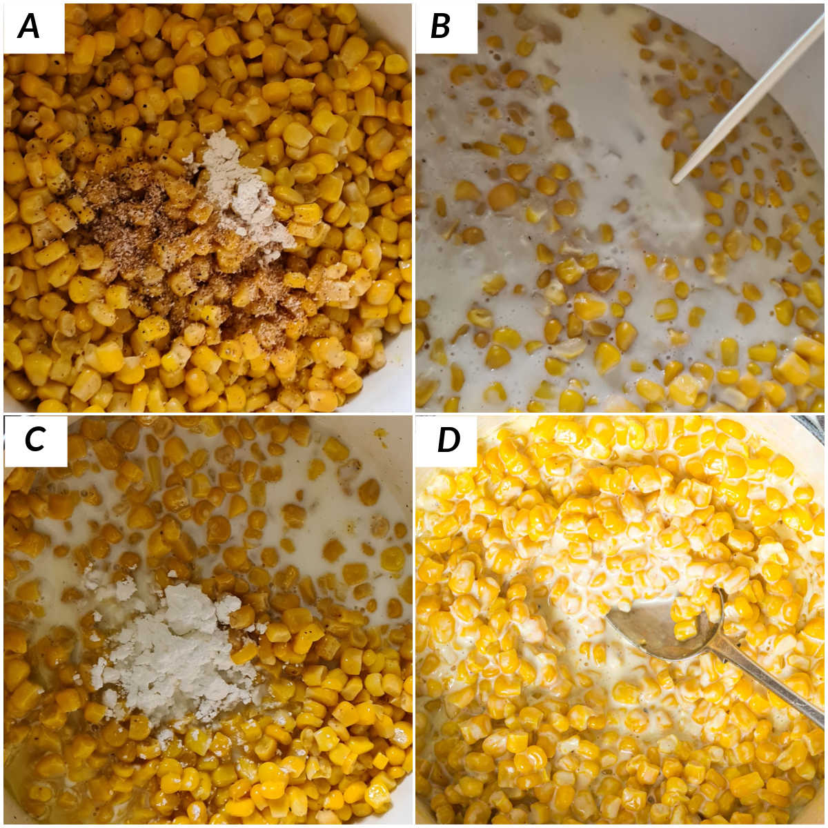 image collage showing the steps for making creamed corn