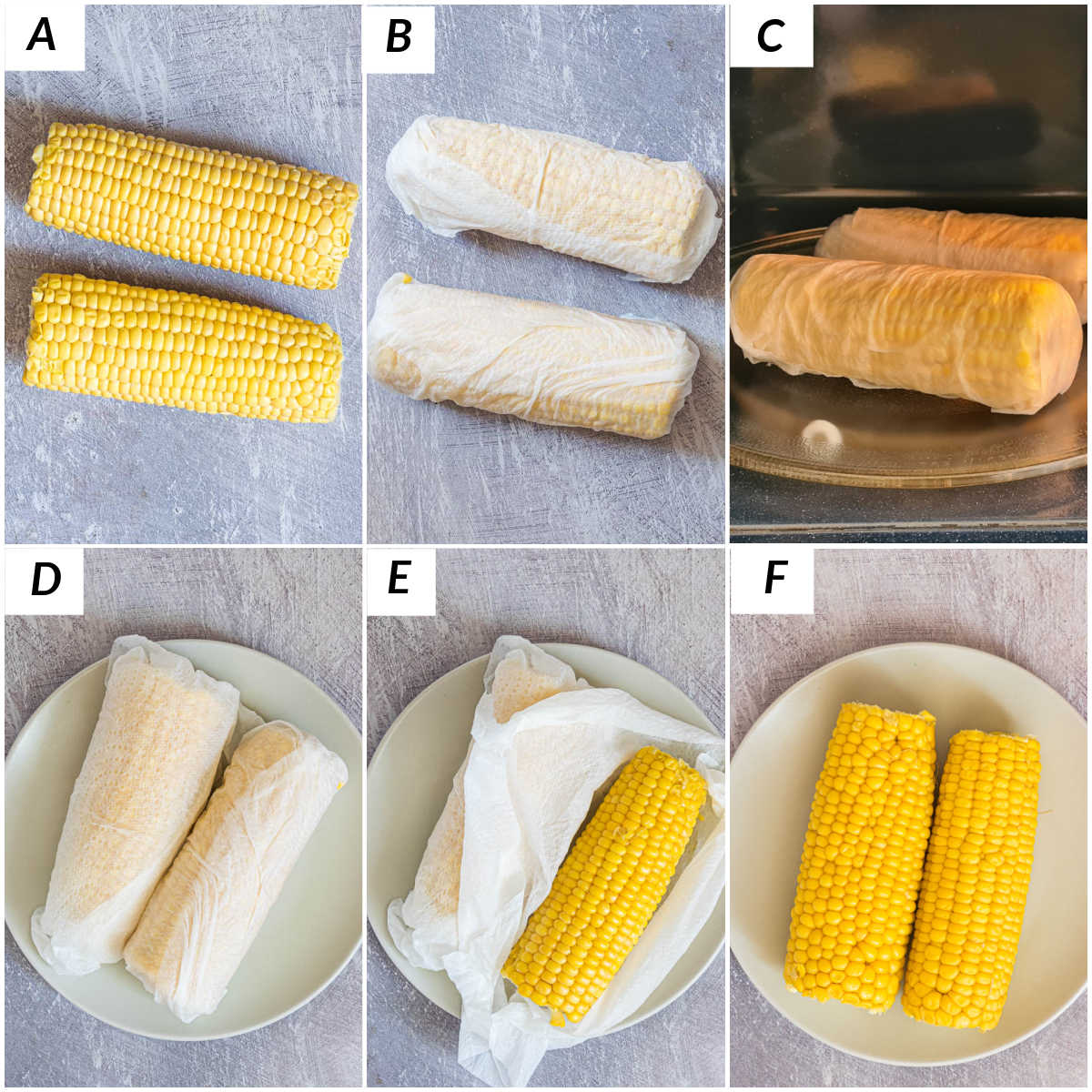 Image collage showing the steps to microwave corn on the cob
