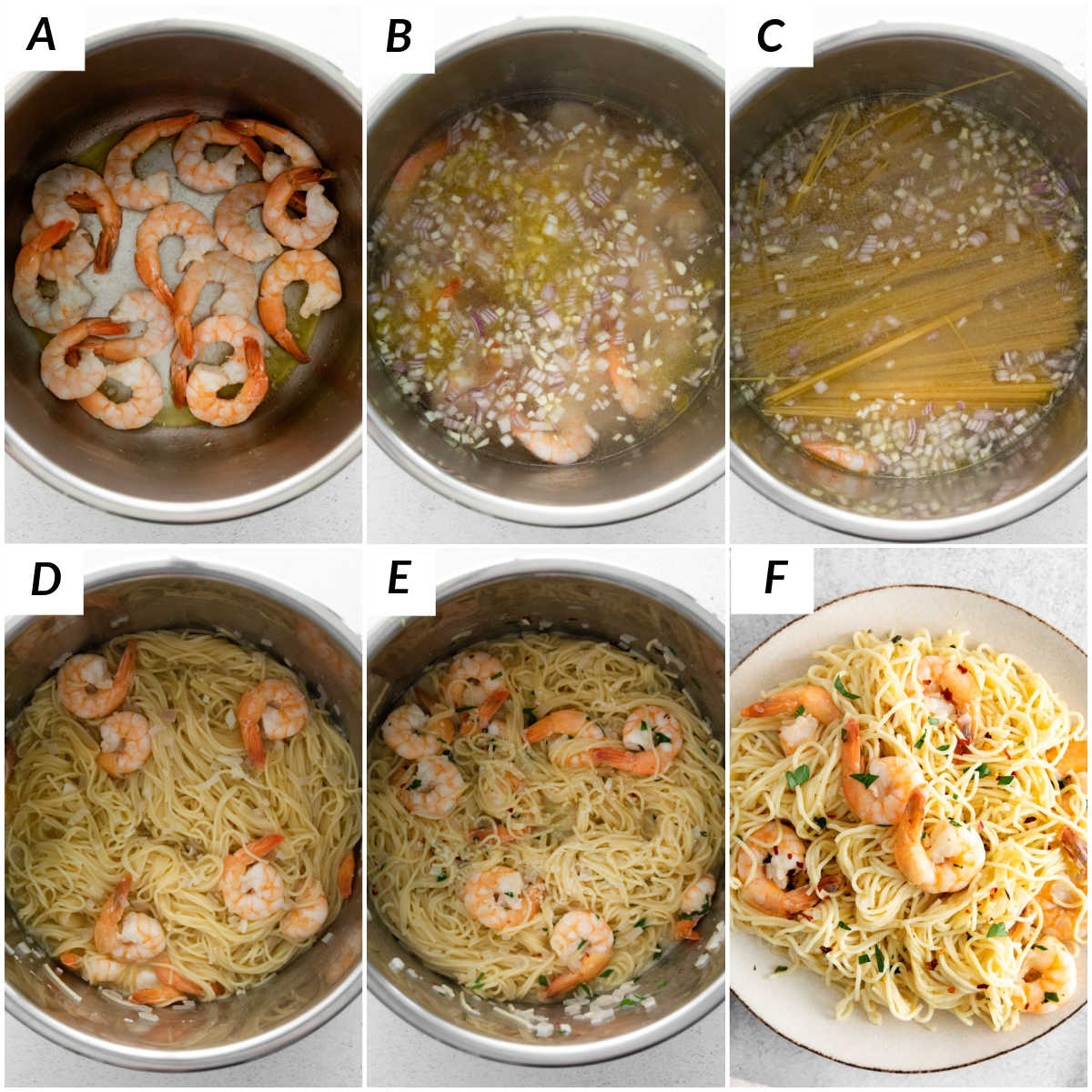 image collage showing the steps for making instant pot shrimp scampi