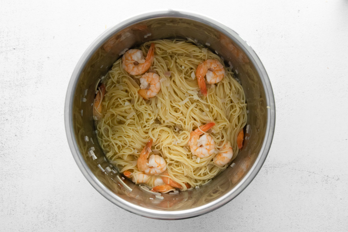 top down view of the instant pot shrimp scampi inside the instant pot insert