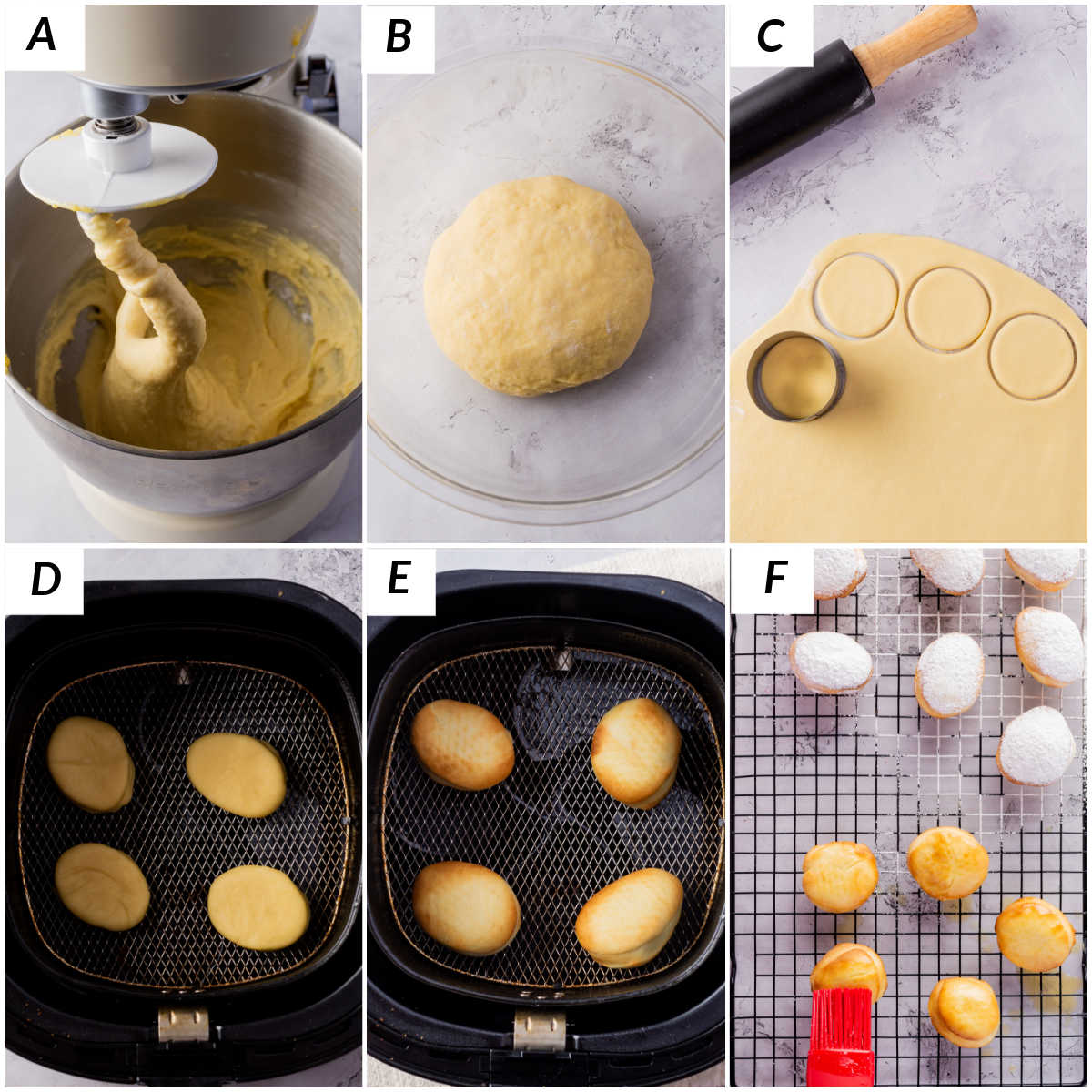 image collage showing the steps for making air fryer beignets